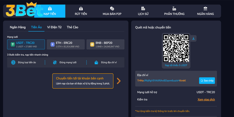3BET hỗ trợ nhiều hình thức nạp