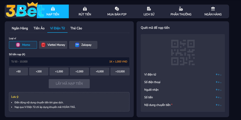 Thực hiện nạp tiền 3BET đúng theo hướng dẫn