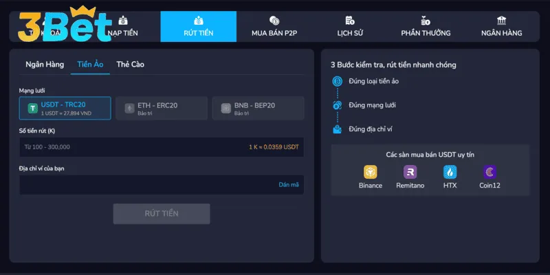 Hạn chế lỗi khi thực hiện rút tiền 3BET